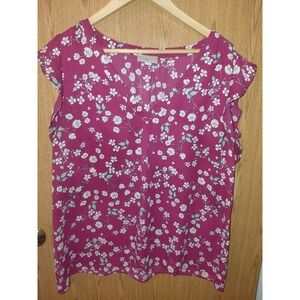 Loft Outlet Womens XL Pink Floral V-Neck Flutter Cap Sleeve Blouse Top Berry